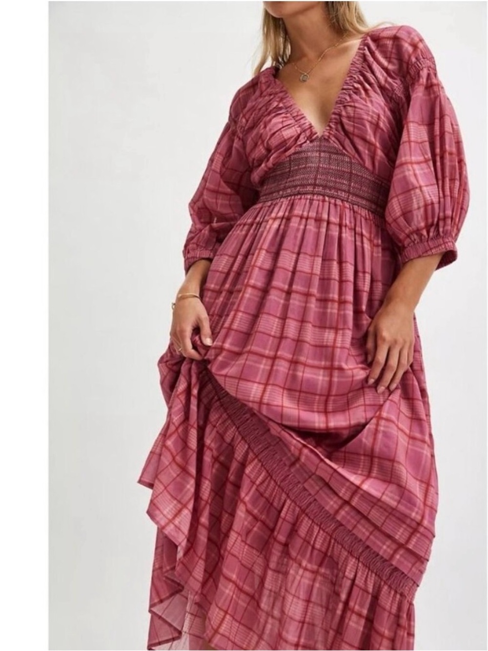 Free People Maxi Dress S Plaid Maxi Boho Golden Hour‎ Smocked Pockets Prairie